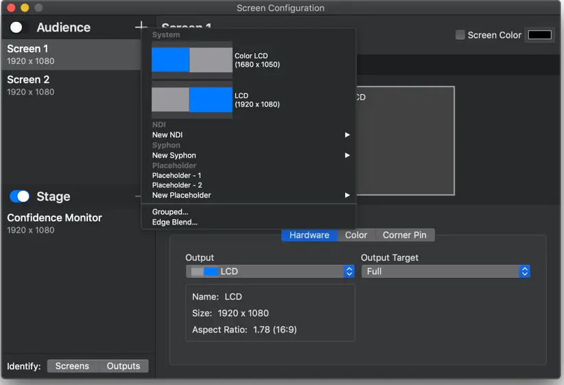 ProPresenter Configure Screens window showing audience and stage outputs