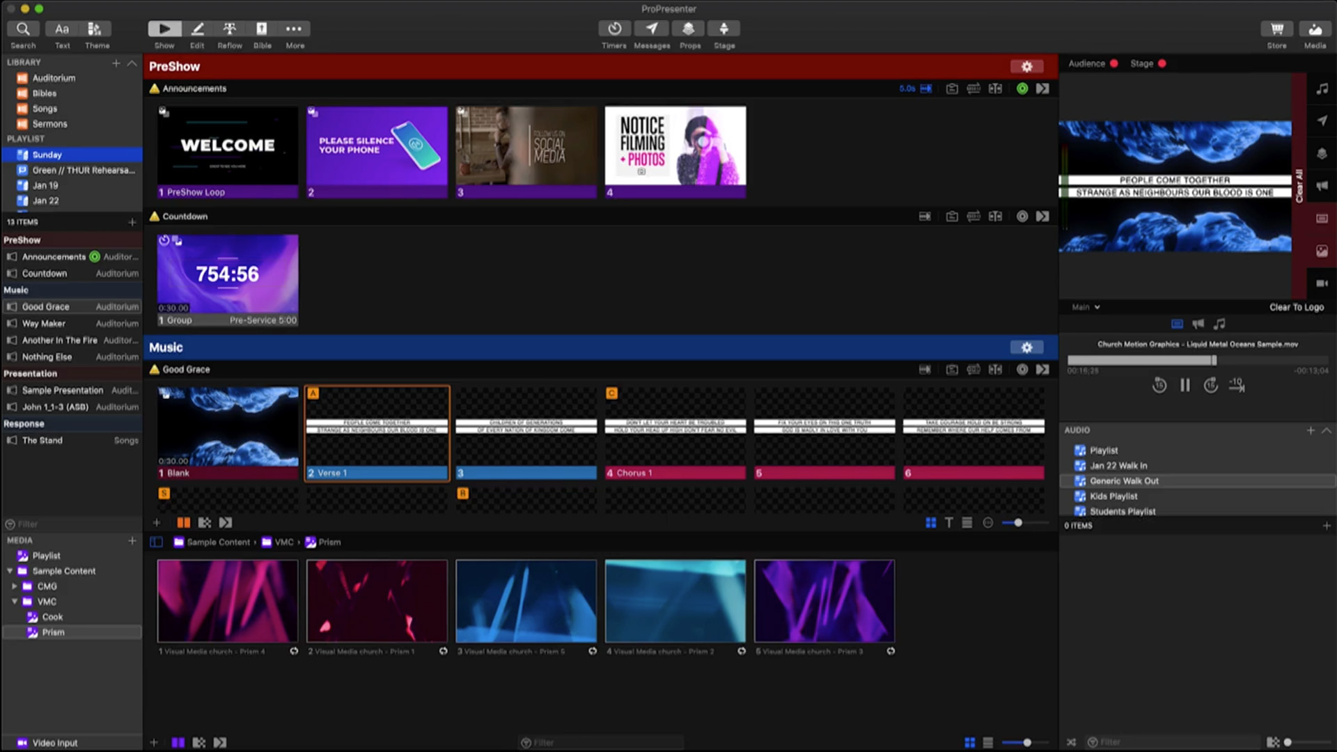 ProPresenter control room setup with multiple monitors